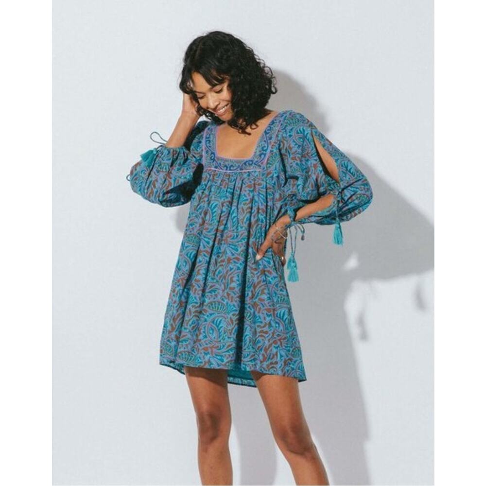 Cleobella Skyla Zuri Block Print Blue Floral Organic Cotton Mini Dress Small